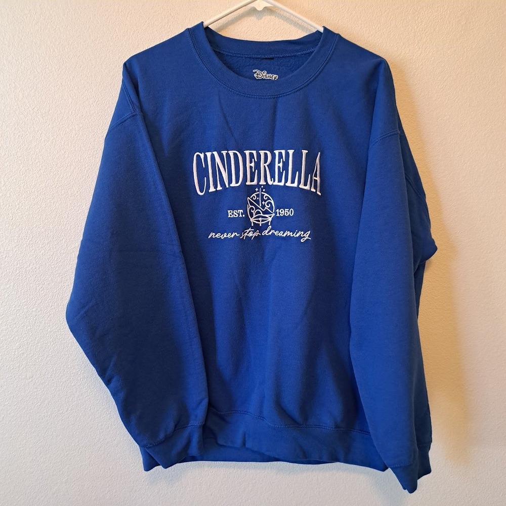 Disney Cinderella Sweatshirt Royal Blue Embroidered Never Stop Dreaming Crewneck